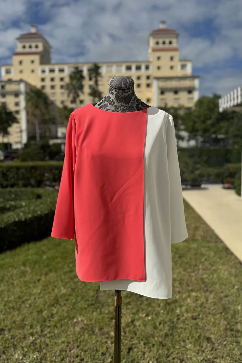 Emmelle Layered Front Luxurious Crepe Tunic in Coral and Pearl