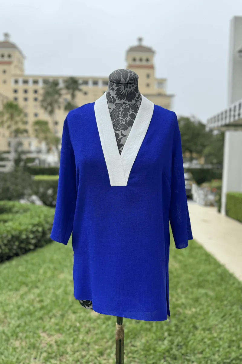Emmelle Microlinen White and Cobalt V-Neck Tunic