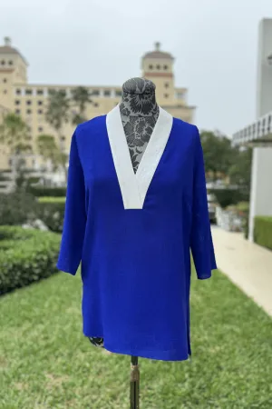 Emmelle Microlinen White and Cobalt V-Neck Tunic