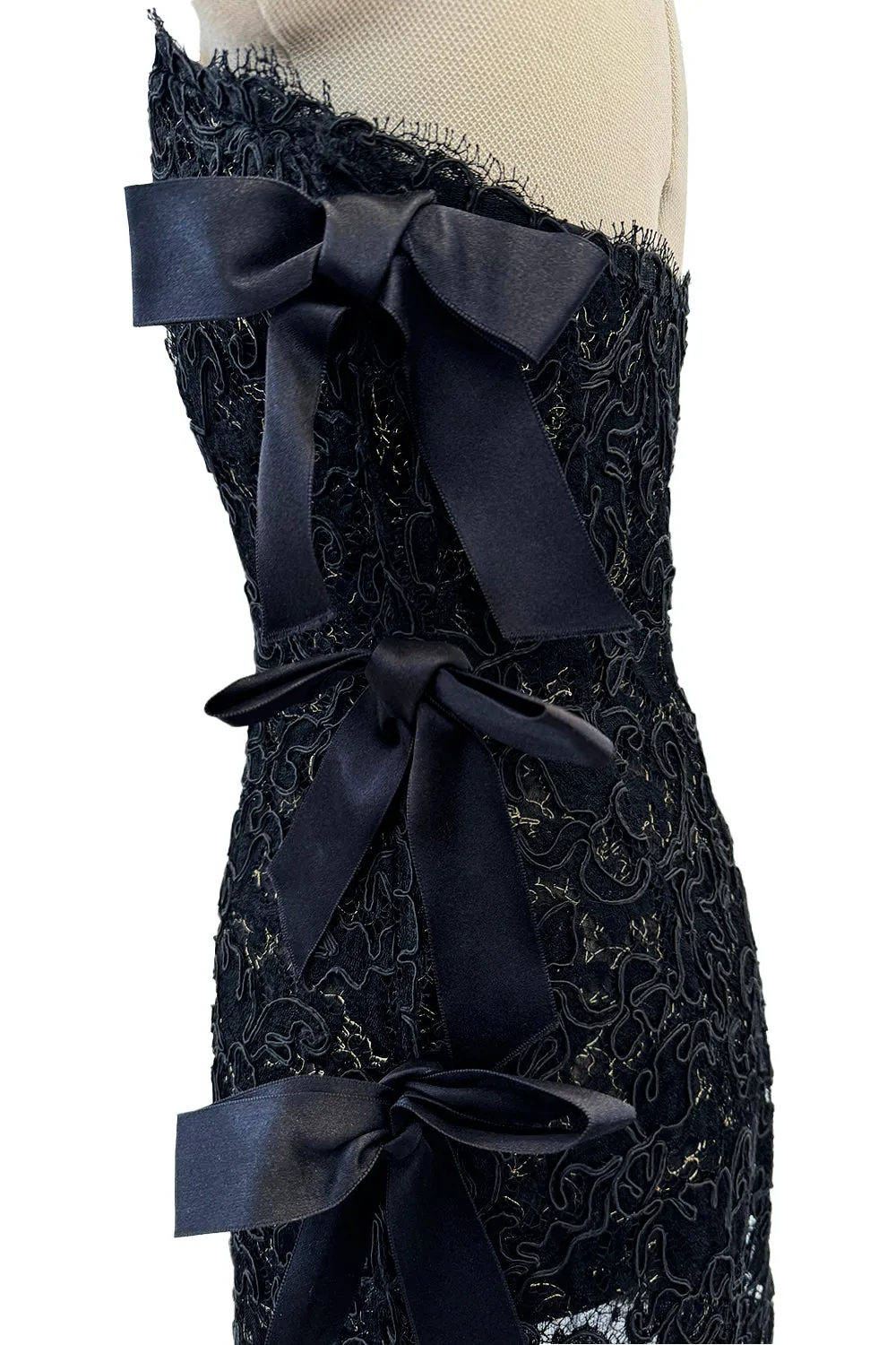 Fall 1998 Yves Saint Laurent Black Strapless Gold & Black Cord Dress w Side Bows