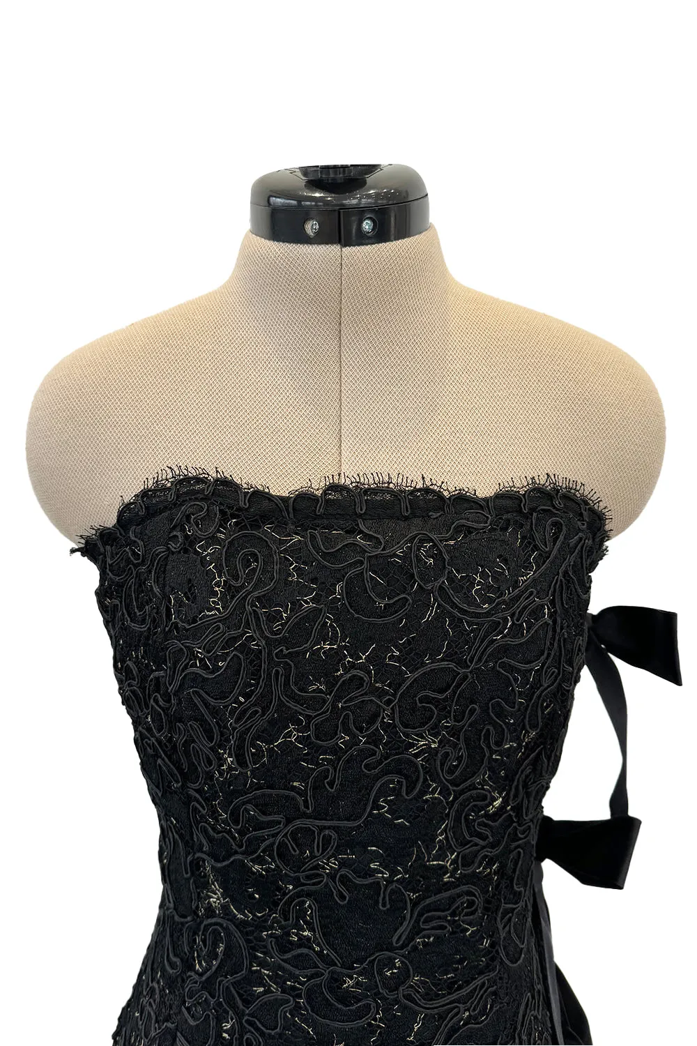 Fall 1998 Yves Saint Laurent Black Strapless Gold & Black Cord Dress w Side Bows