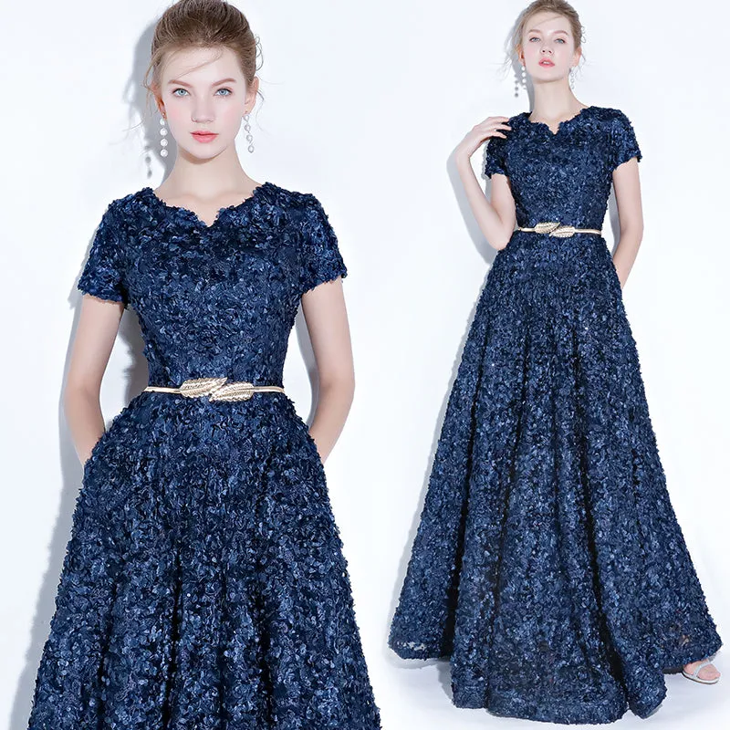 [Final Sale] Navy Blue Pocket A Line Pleated Noble Formal Evening Dress