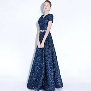 [Final Sale] Navy Blue Pocket A Line Pleated Noble Formal Evening Dress