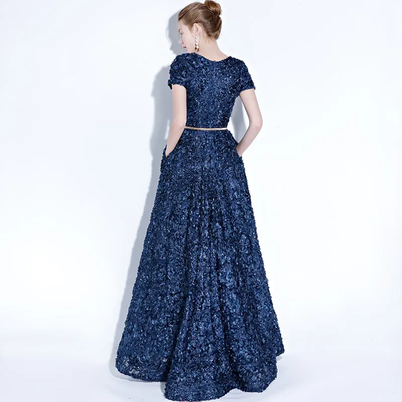 [Final Sale] Navy Blue Pocket A Line Pleated Noble Formal Evening Dress