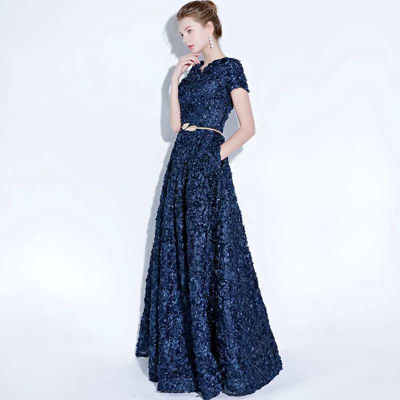 [Final Sale] Navy Blue Pocket A Line Pleated Noble Formal Evening Dress