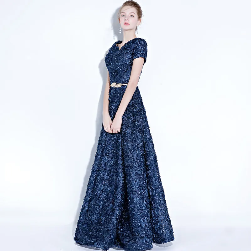 [Final Sale] Navy Blue Pocket A Line Pleated Noble Formal Evening Dress