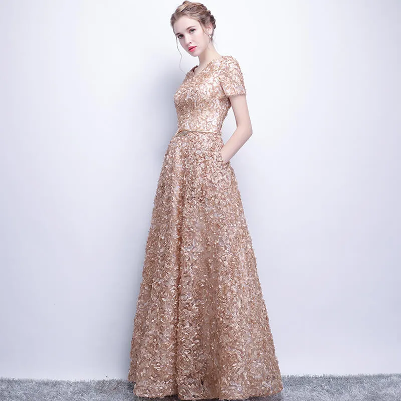 [Final Sale] Pink Pocket A Line Pleated Noble Formal Evening Dress