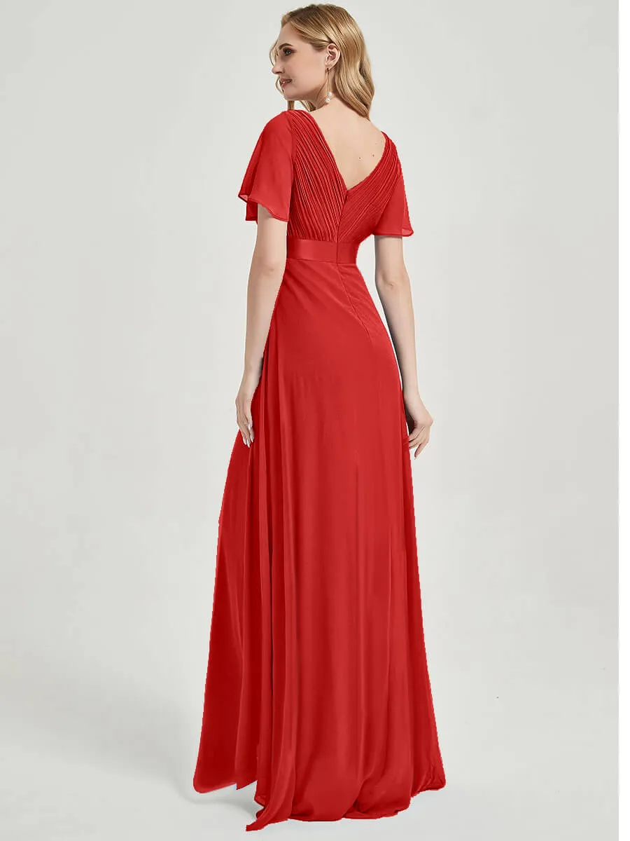[Final Sale] Red Floor-Length Ruffle Pleated Mother of the Bride Dress
