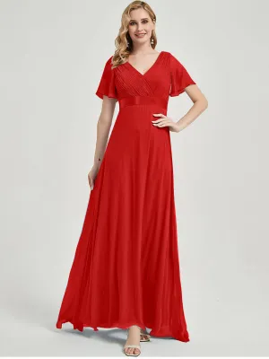 [Final Sale] Red Floor-Length Ruffle Pleated Mother of the Bride Dress