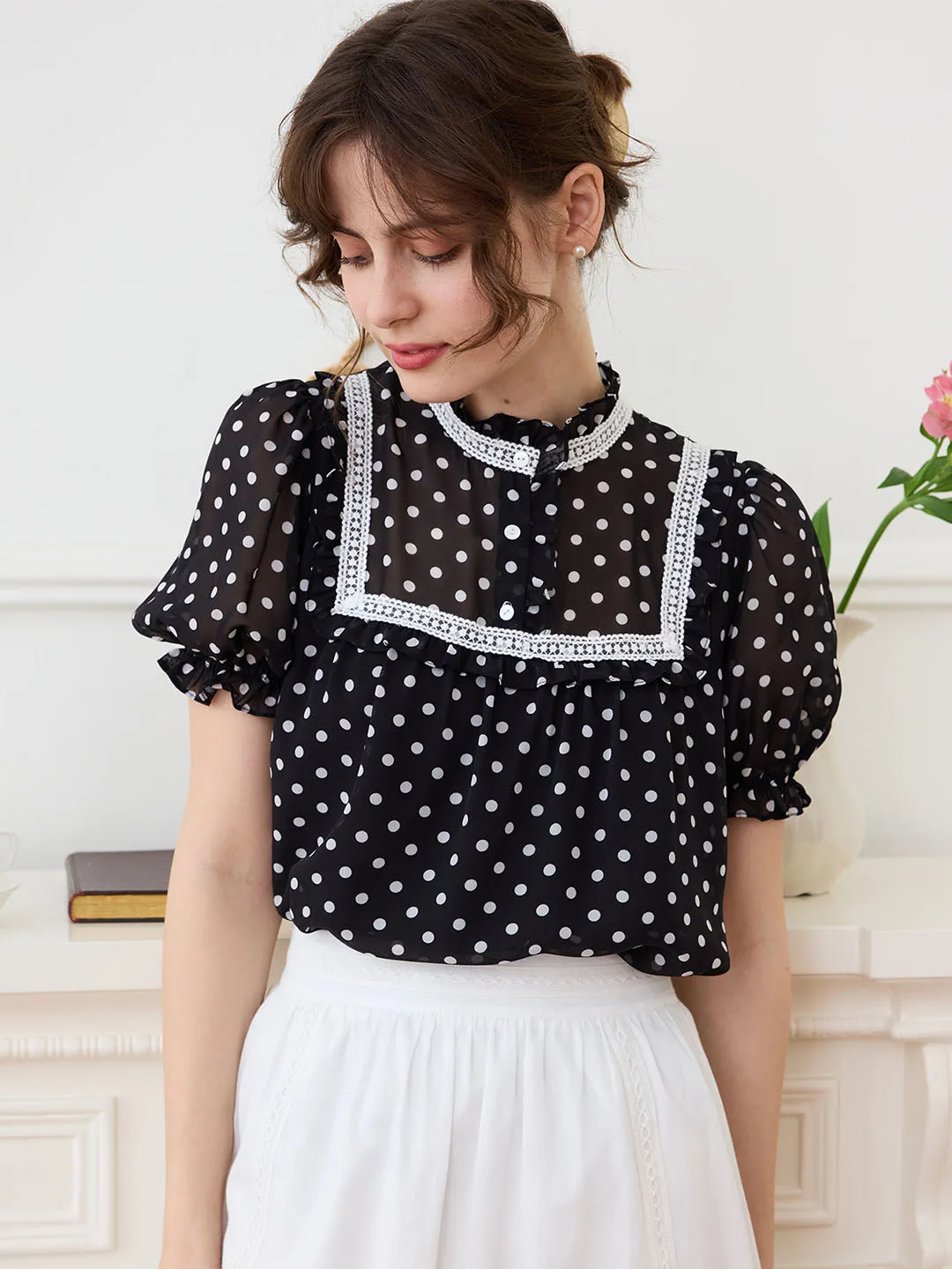 【Final Sale】Natasha Polka Dot Print Mock Neck Puff Sleeve Chiffon Blouse