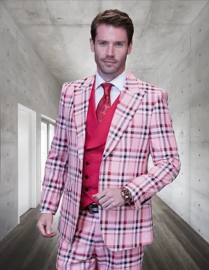 FIRENZE PINK PLAID MODERN FIT 3 PC SUIT