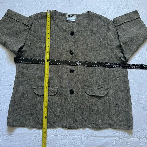 FLAX 100% Linen Button Front Pockets ¾ Sleeves Lightweight Shirt Top Blazer Sz L