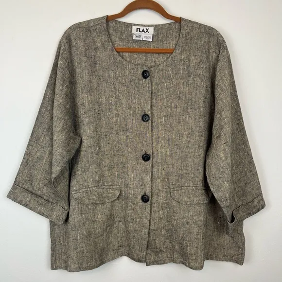 FLAX 100% Linen Button Front Pockets ¾ Sleeves Lightweight Shirt Top Blazer Sz L