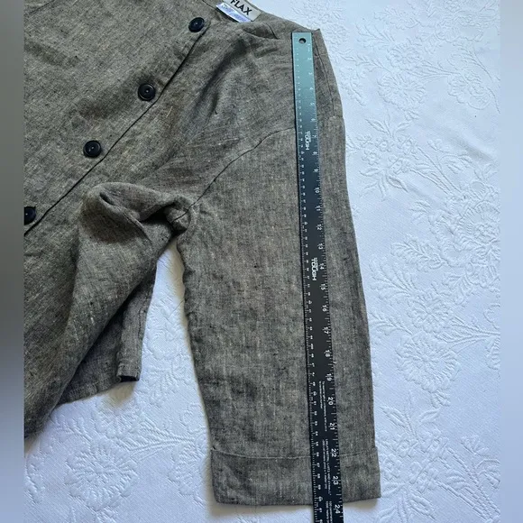 FLAX 100% Linen Button Front Pockets ¾ Sleeves Lightweight Shirt Top Blazer Sz L