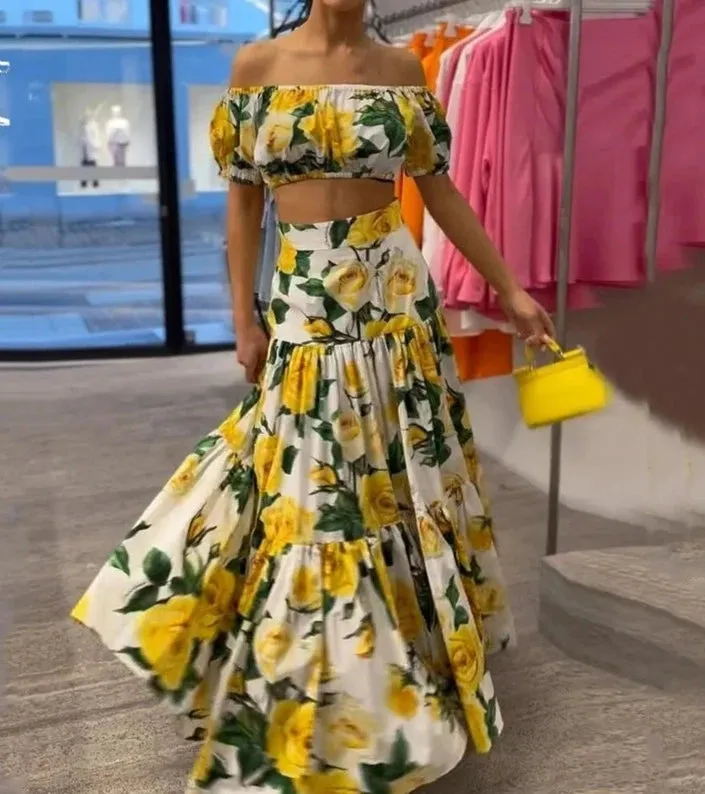 Floral Elegant Printed Puff Sleeve Off Shoulder Top Loose Pleated Long Skirt Sets
