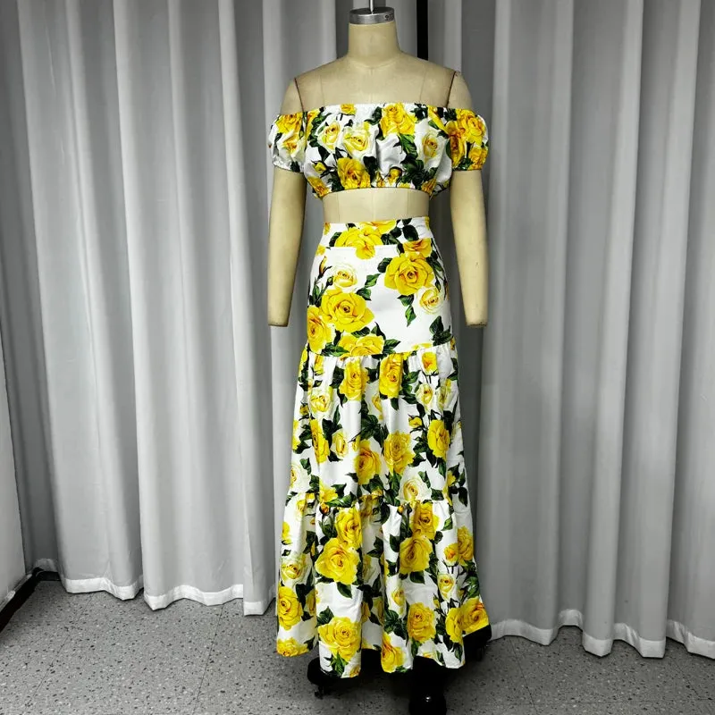 Floral Elegant Printed Puff Sleeve Off Shoulder Top Loose Pleated Long Skirt Sets