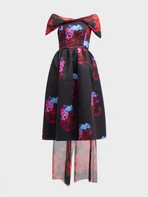 Floral Print Off-Shoulder Midi Dress with Cape Details