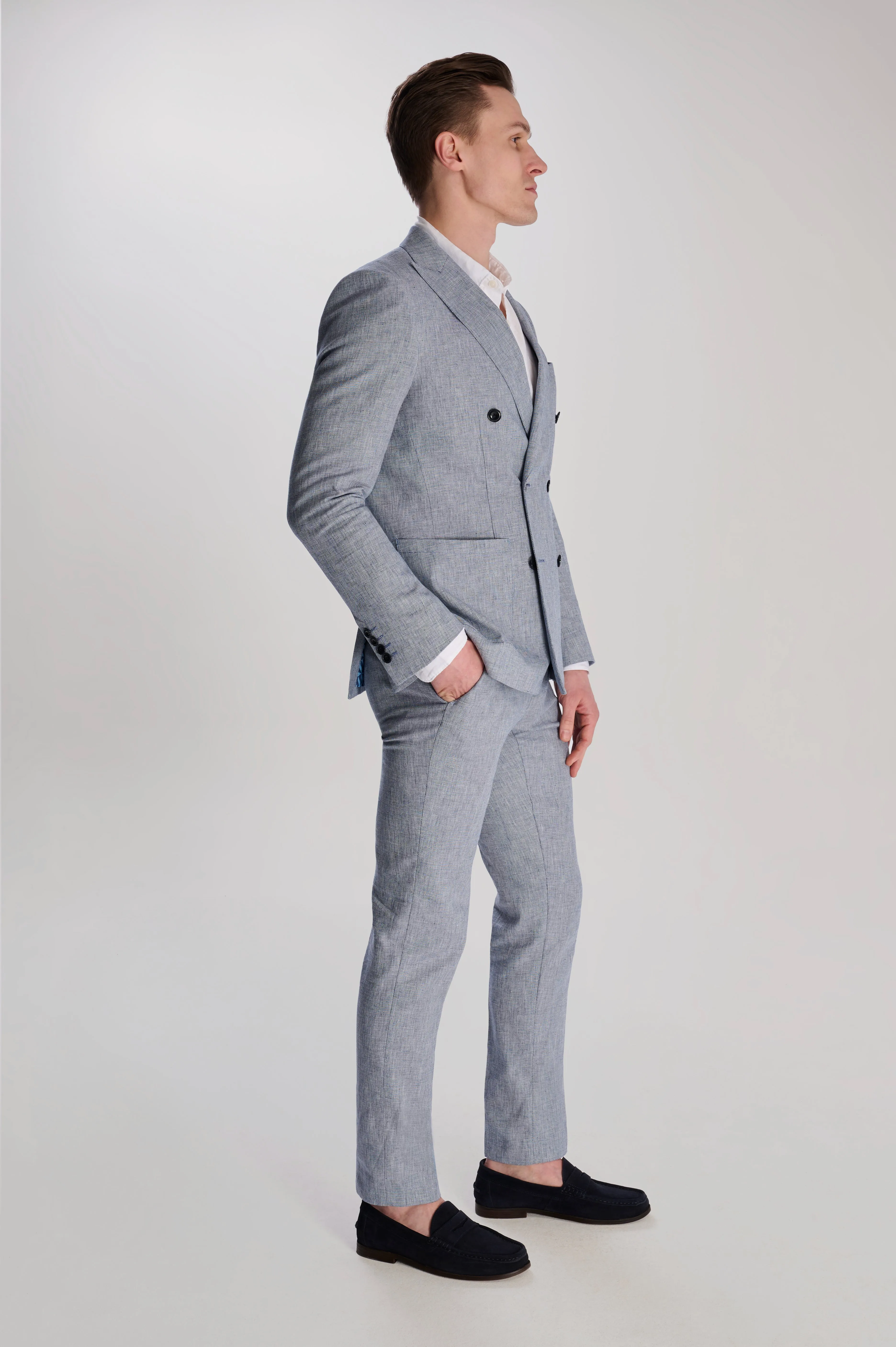 Giacomo Cotton Linen Double Breasted Suit Jacket in Chambray