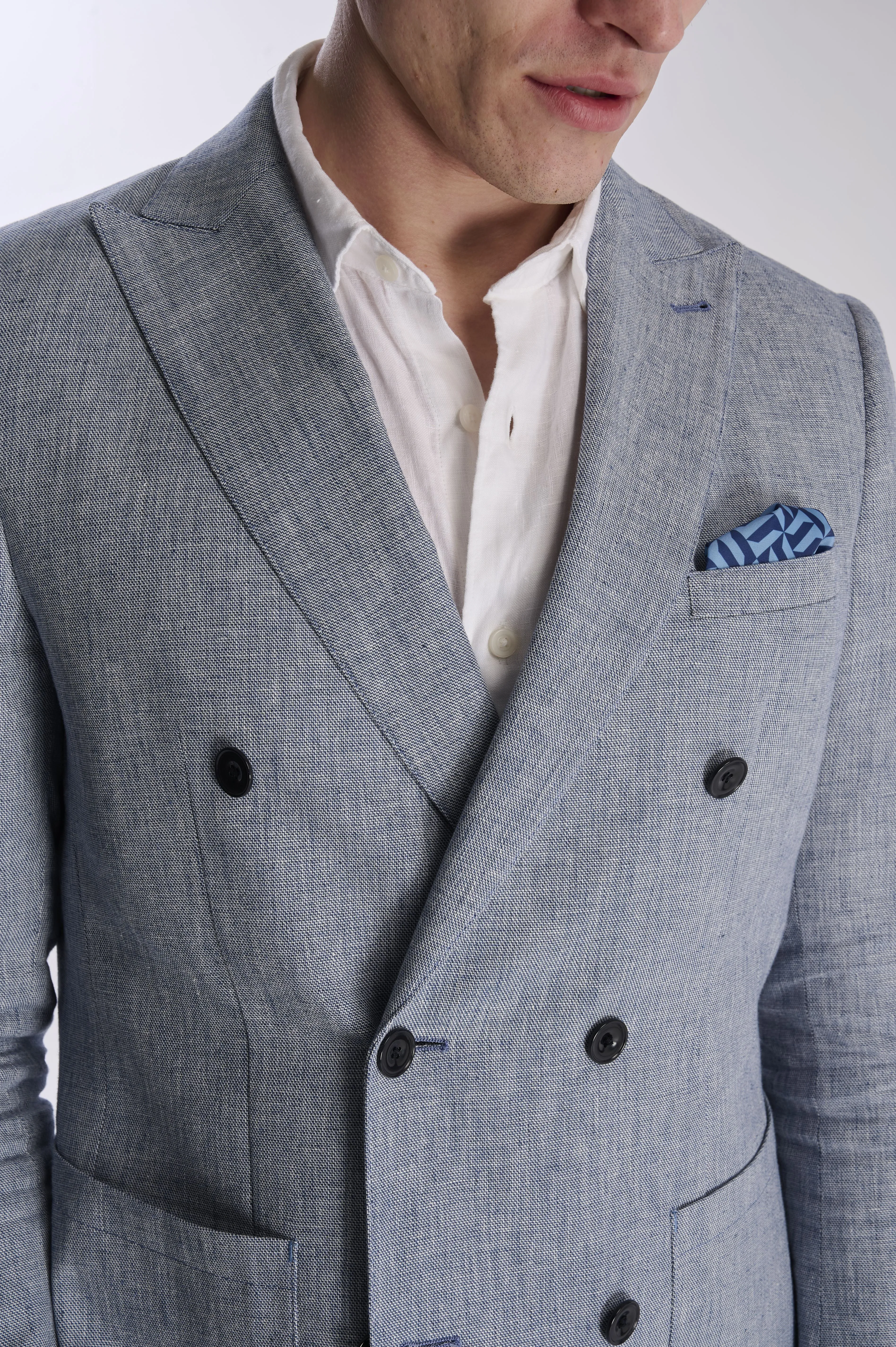 Giacomo Cotton Linen Double Breasted Suit Jacket in Chambray