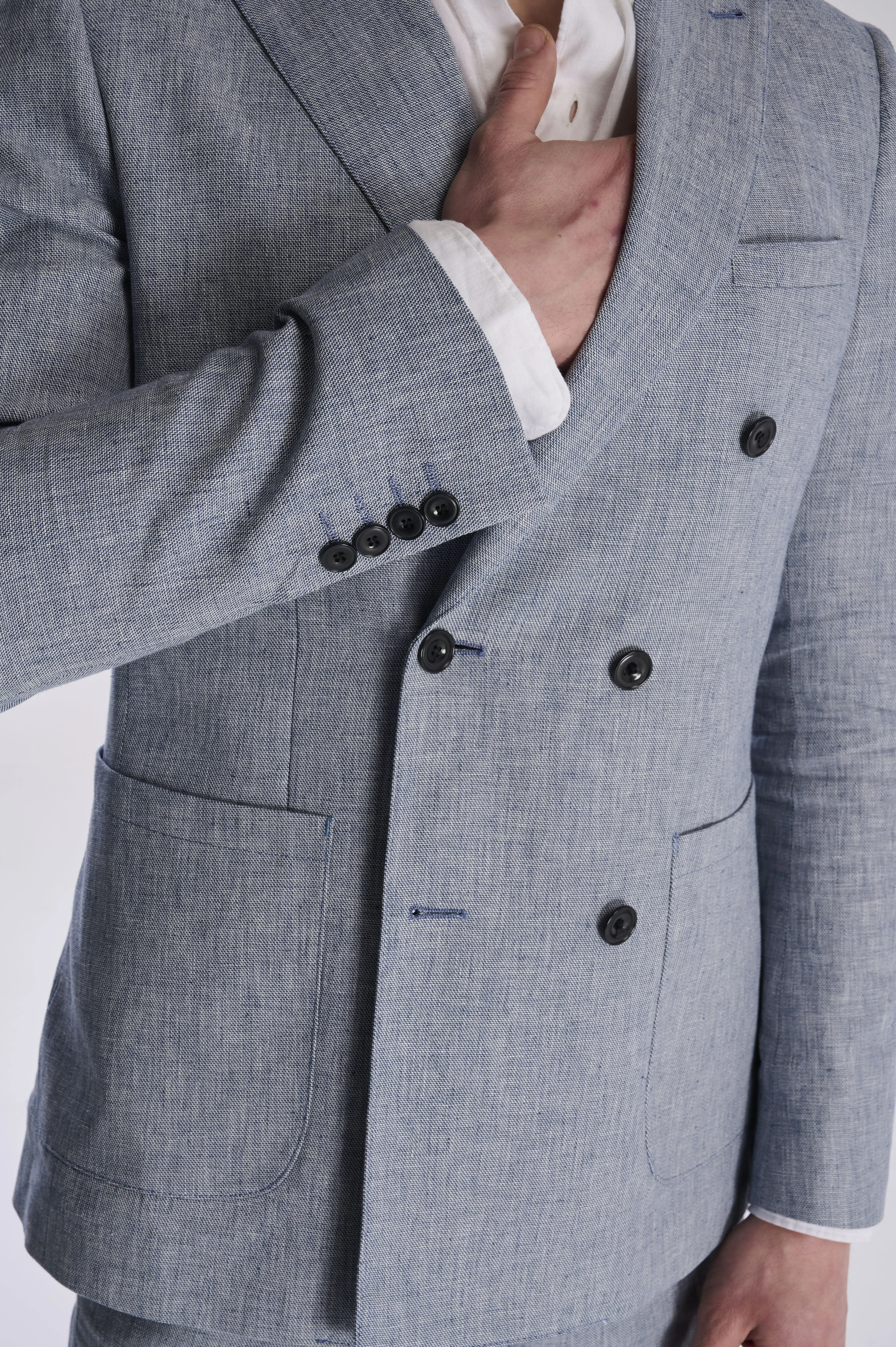 Giacomo Cotton Linen Double Breasted Suit Jacket in Chambray