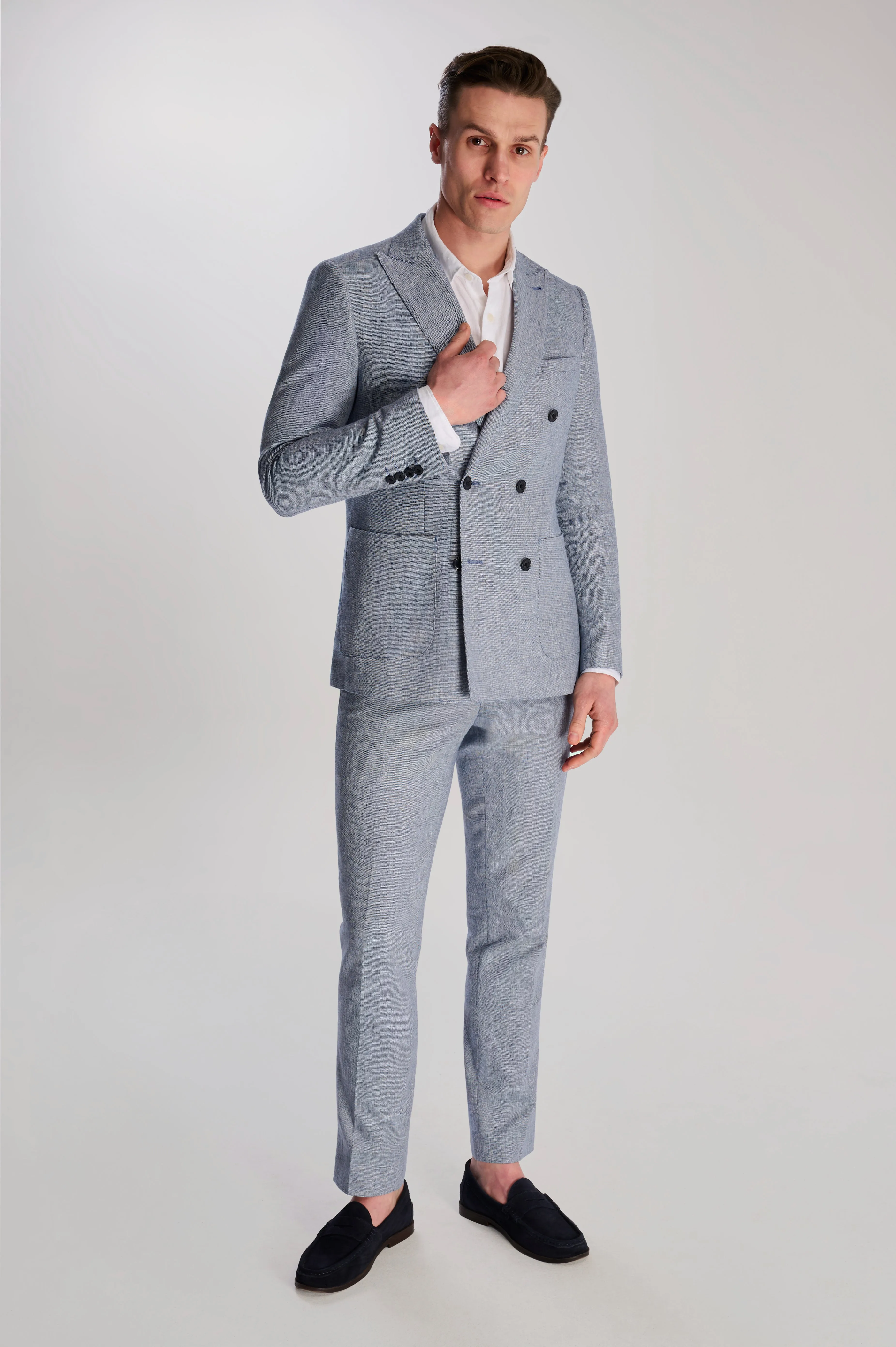 Giacomo Cotton Linen Double Breasted Suit Jacket in Chambray