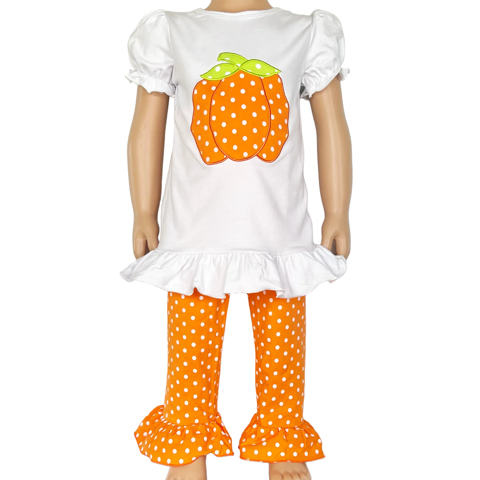 Girls Orange Pumpkin T-Shirt and Polka Dot Pants Fall Thanksgiving