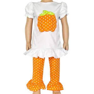 Girls Orange Pumpkin T-Shirt and Polka Dot Pants Fall Thanksgiving