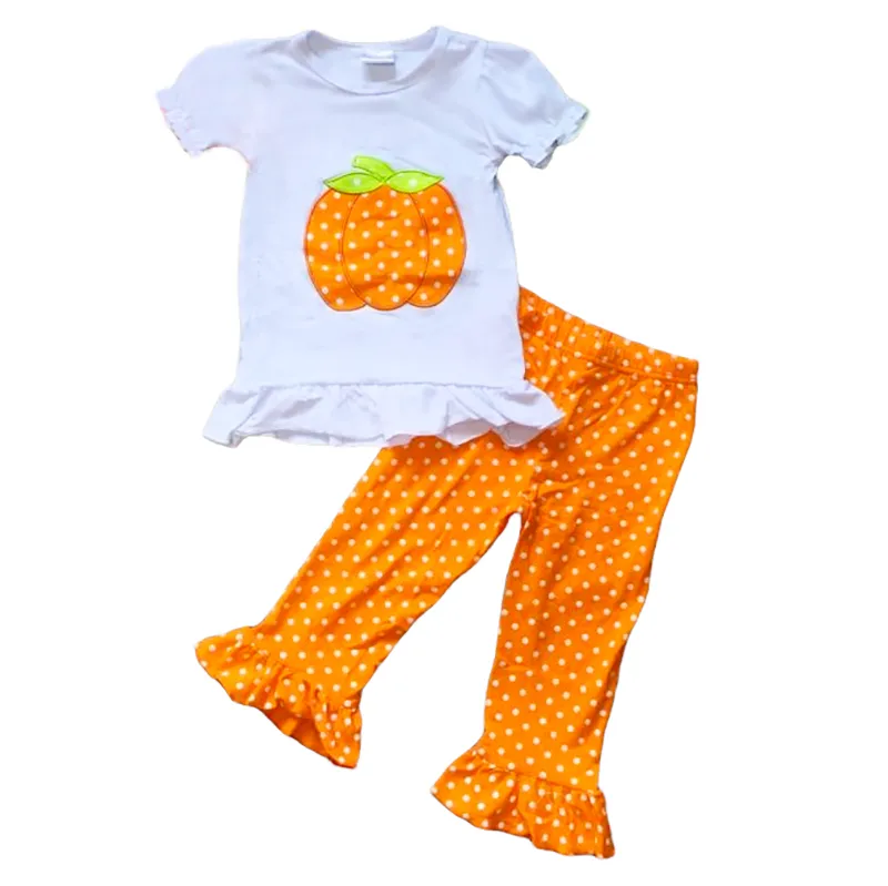 Girls Orange Pumpkin T-Shirt and Polka Dot Pants Fall Thanksgiving