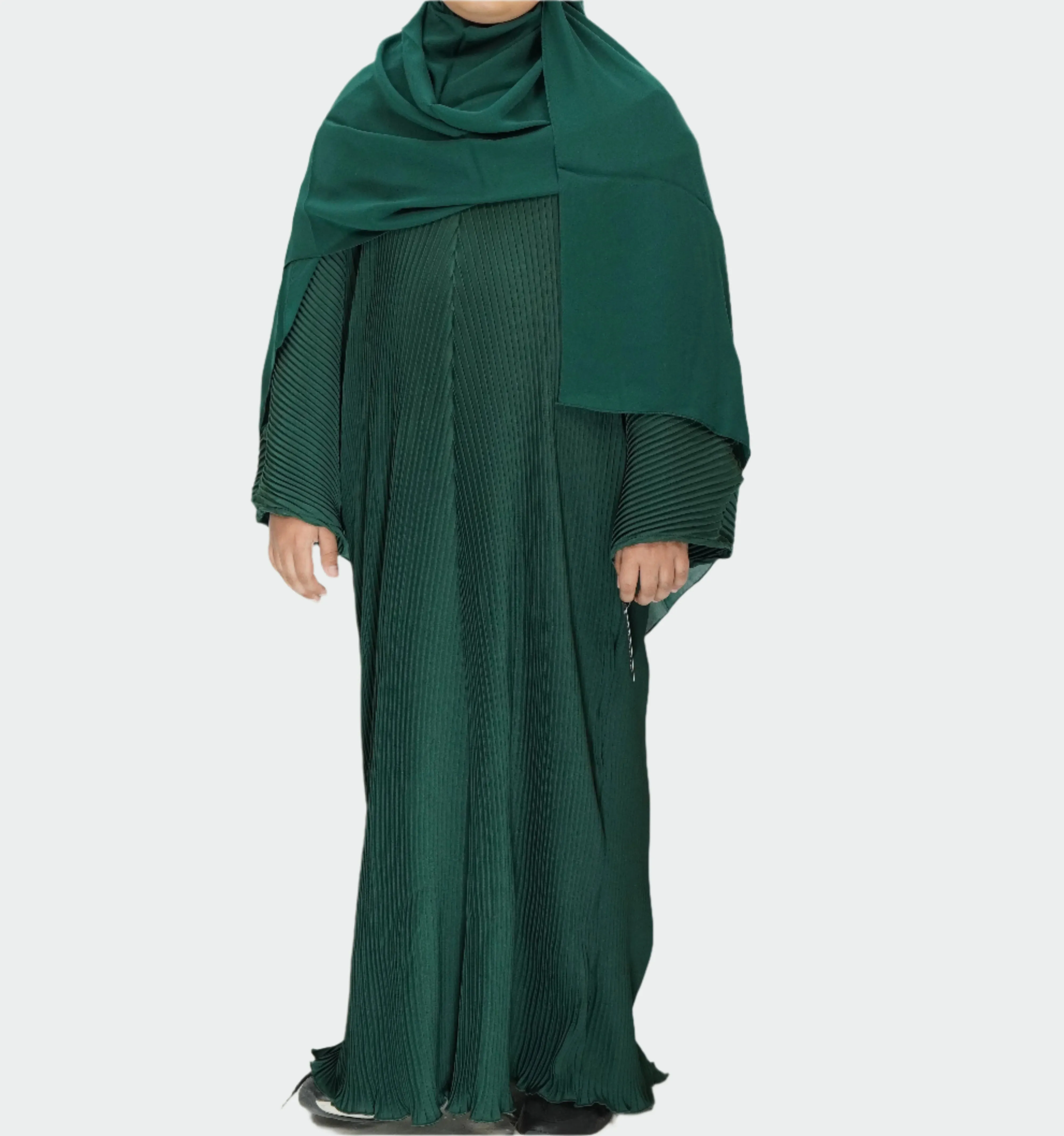Girls Pleated Batwing Abaya - Green