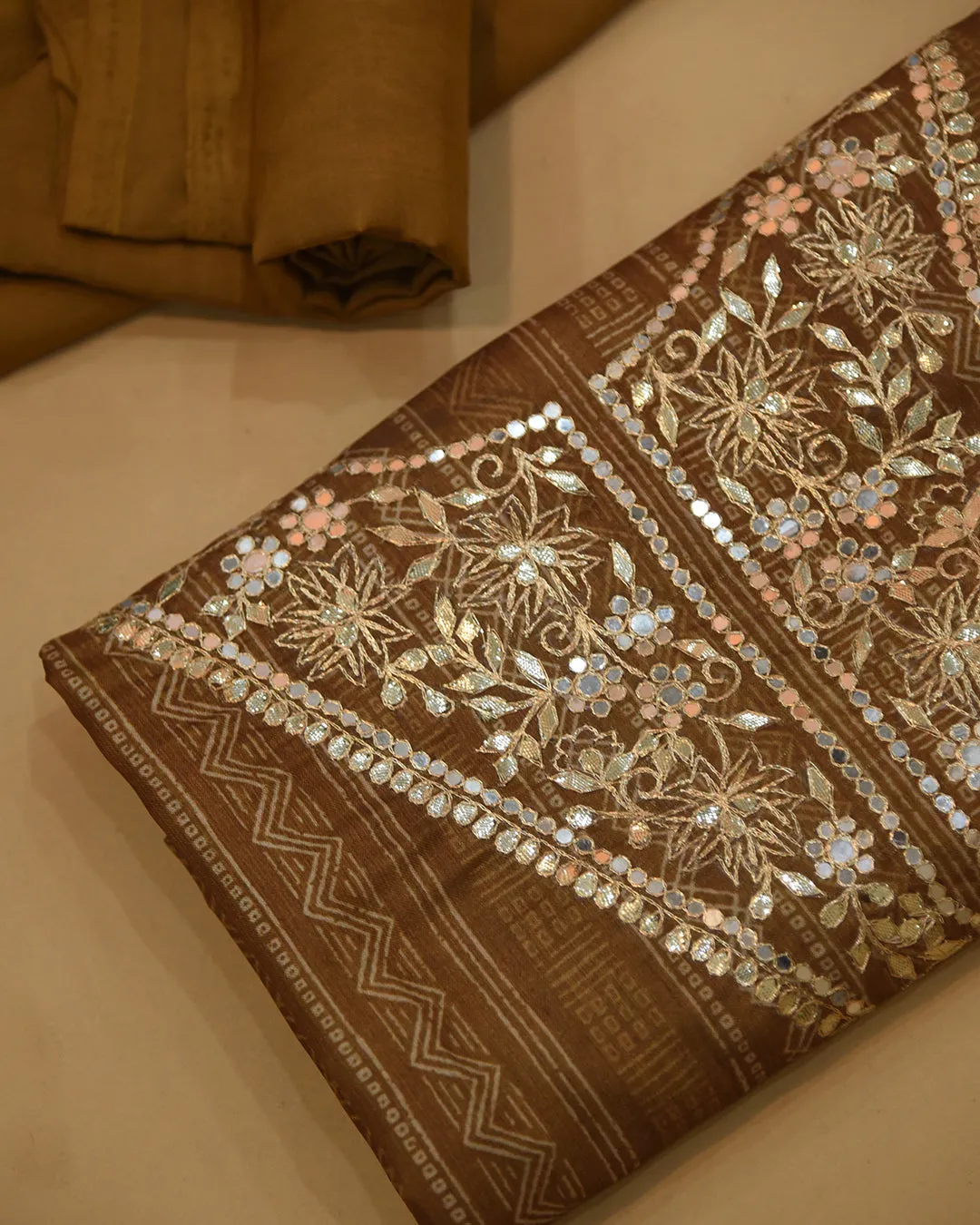 Golden Brown Cotton Silk Blend Printed With Embroidery Unstitched Suit Fabric Set With Cotton Silk Dupatta