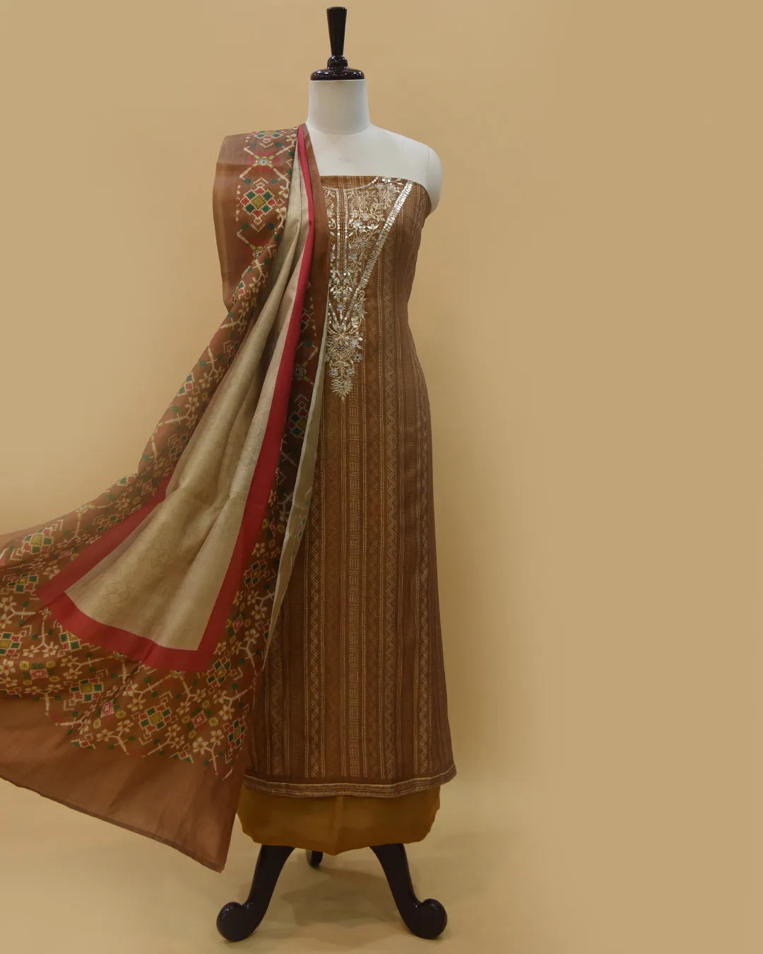 Golden Brown Cotton Silk Blend Printed With Embroidery Unstitched Suit Fabric Set With Cotton Silk Dupatta
