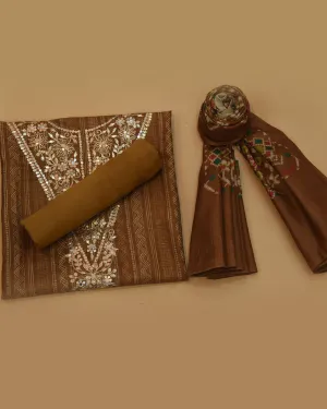 Golden Brown Cotton Silk Blend Printed With Embroidery Unstitched Suit Fabric Set With Cotton Silk Dupatta