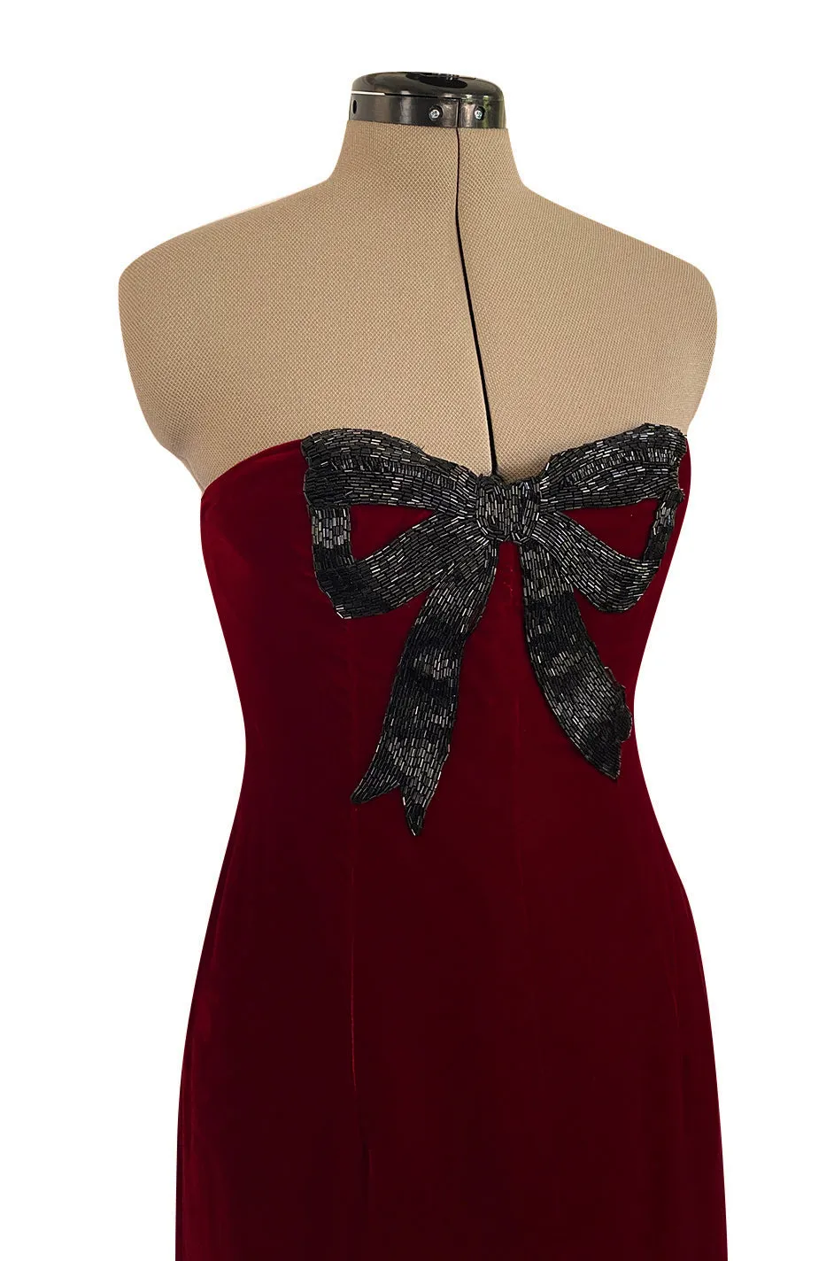 Gorgeous 1980s Oscar de la Renta Black Beaded Bow Dress in a Rich Ruby Red Velvet