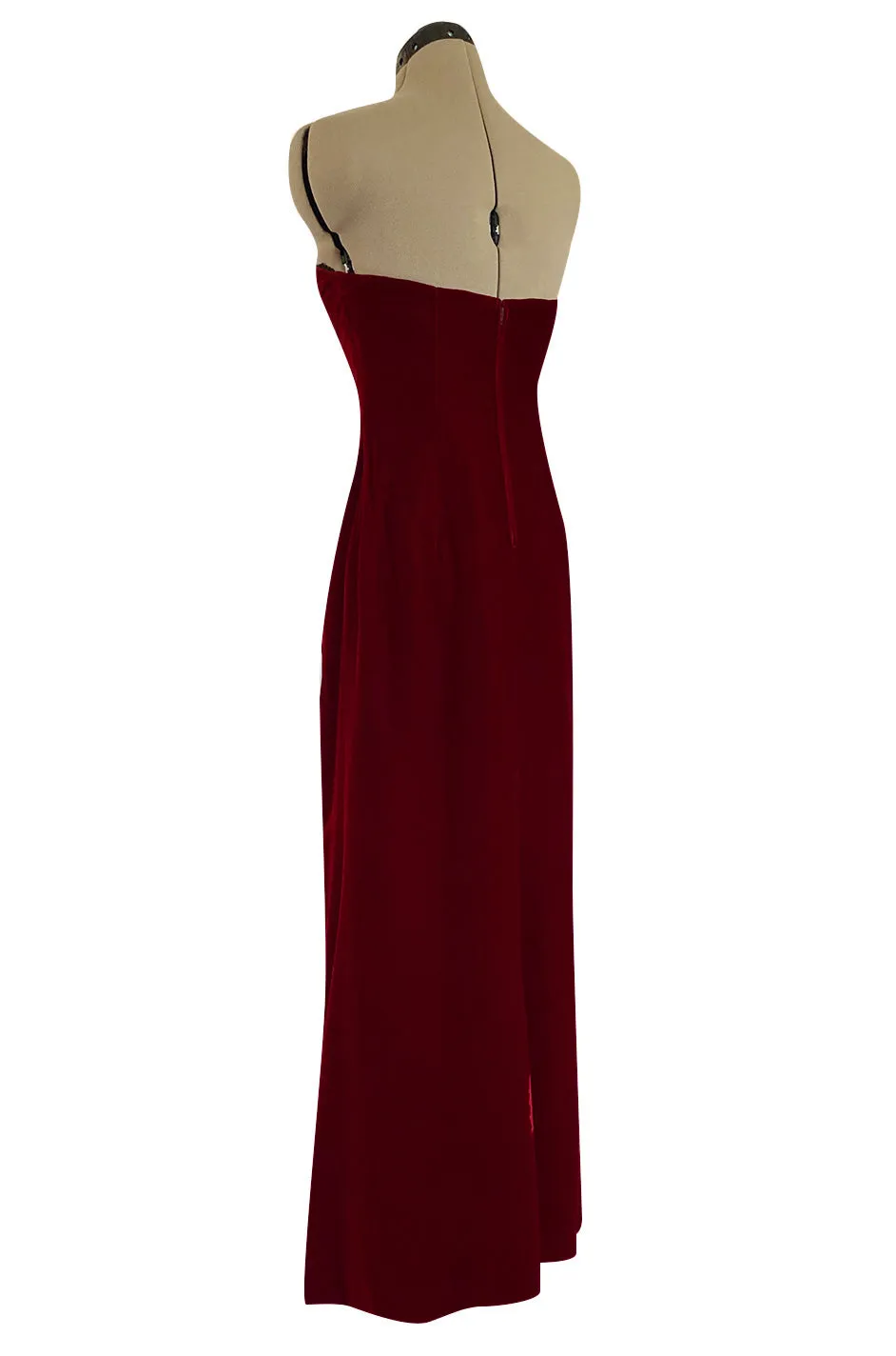 Gorgeous 1980s Oscar de la Renta Black Beaded Bow Dress in a Rich Ruby Red Velvet