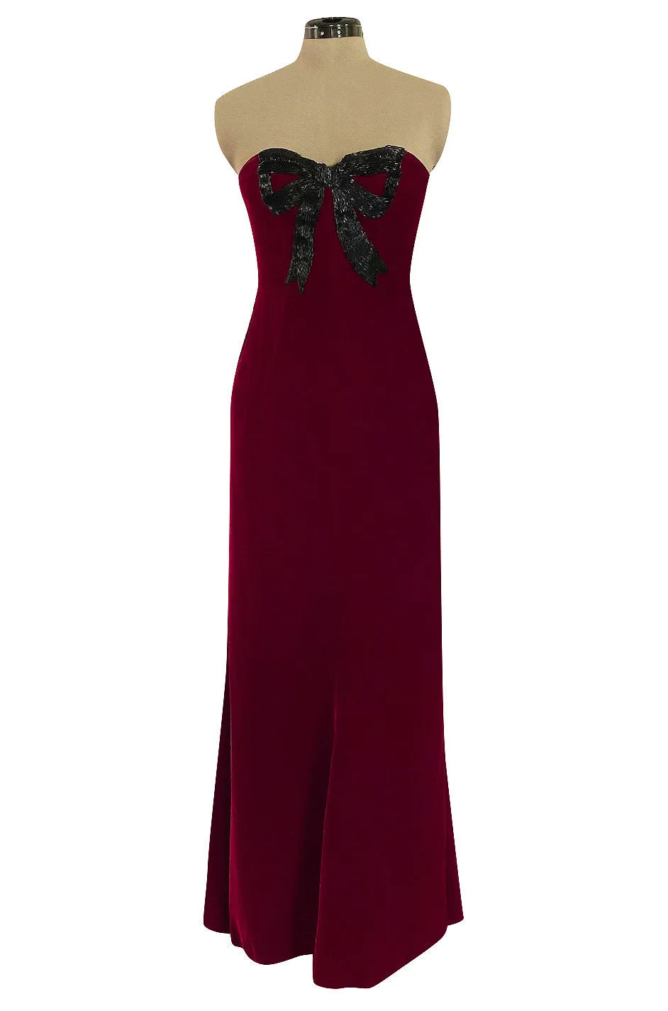 Gorgeous 1980s Oscar de la Renta Black Beaded Bow Dress in a Rich Ruby Red Velvet