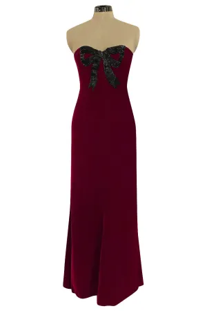 Gorgeous 1980s Oscar de la Renta Black Beaded Bow Dress in a Rich Ruby Red Velvet