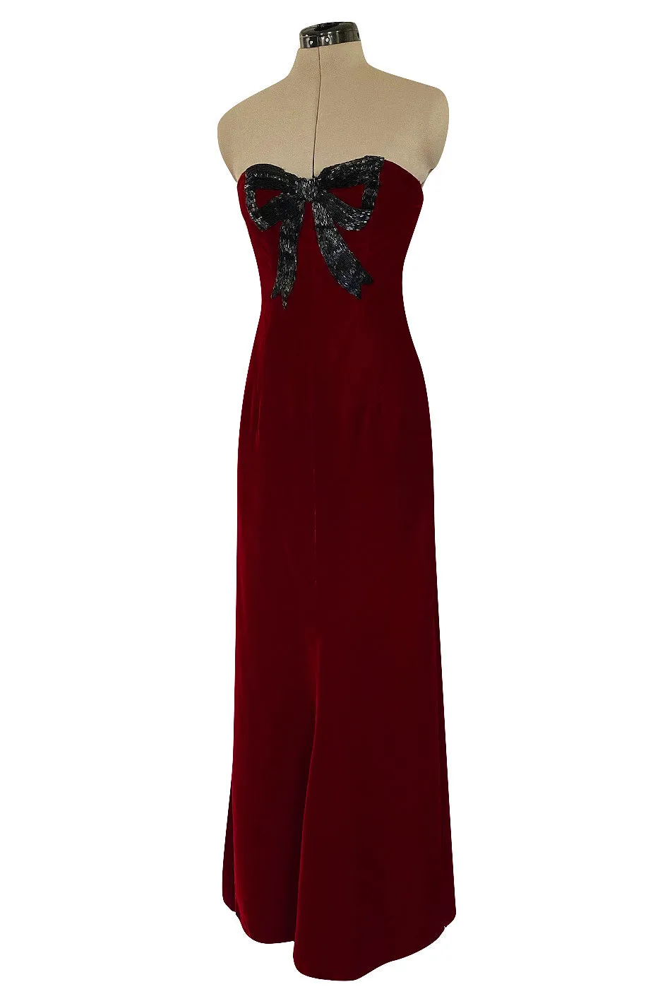 Gorgeous 1980s Oscar de la Renta Black Beaded Bow Dress in a Rich Ruby Red Velvet