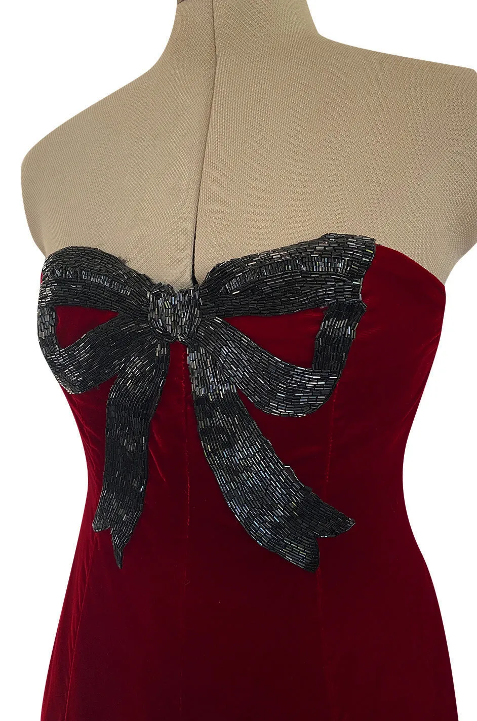 Gorgeous 1980s Oscar de la Renta Black Beaded Bow Dress in a Rich Ruby Red Velvet