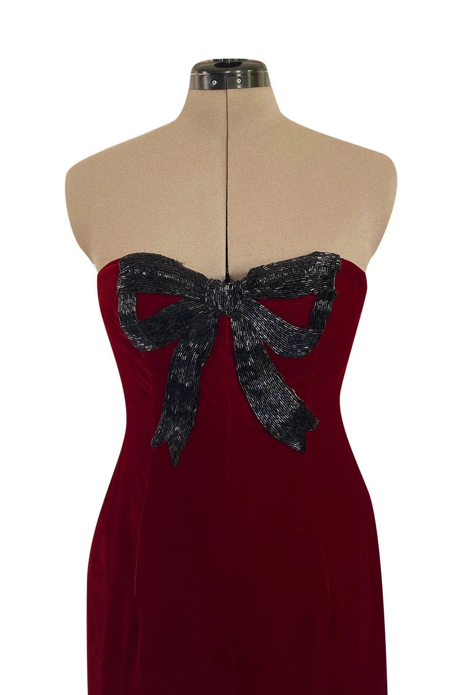 Gorgeous 1980s Oscar de la Renta Black Beaded Bow Dress in a Rich Ruby Red Velvet