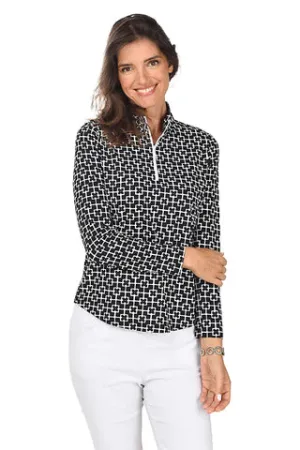 Gottex  Mock  Zip Neck  L/S Mock Tunic - Tonal Tiles   Black/ White