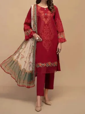 Grace W259- Embroidered 3pc linen dress with Printed monar dupatta.