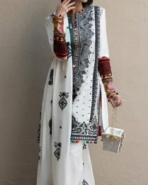 Grace W63 - Embroidered 3pc linen dress with embroidered chiffon dupatta.