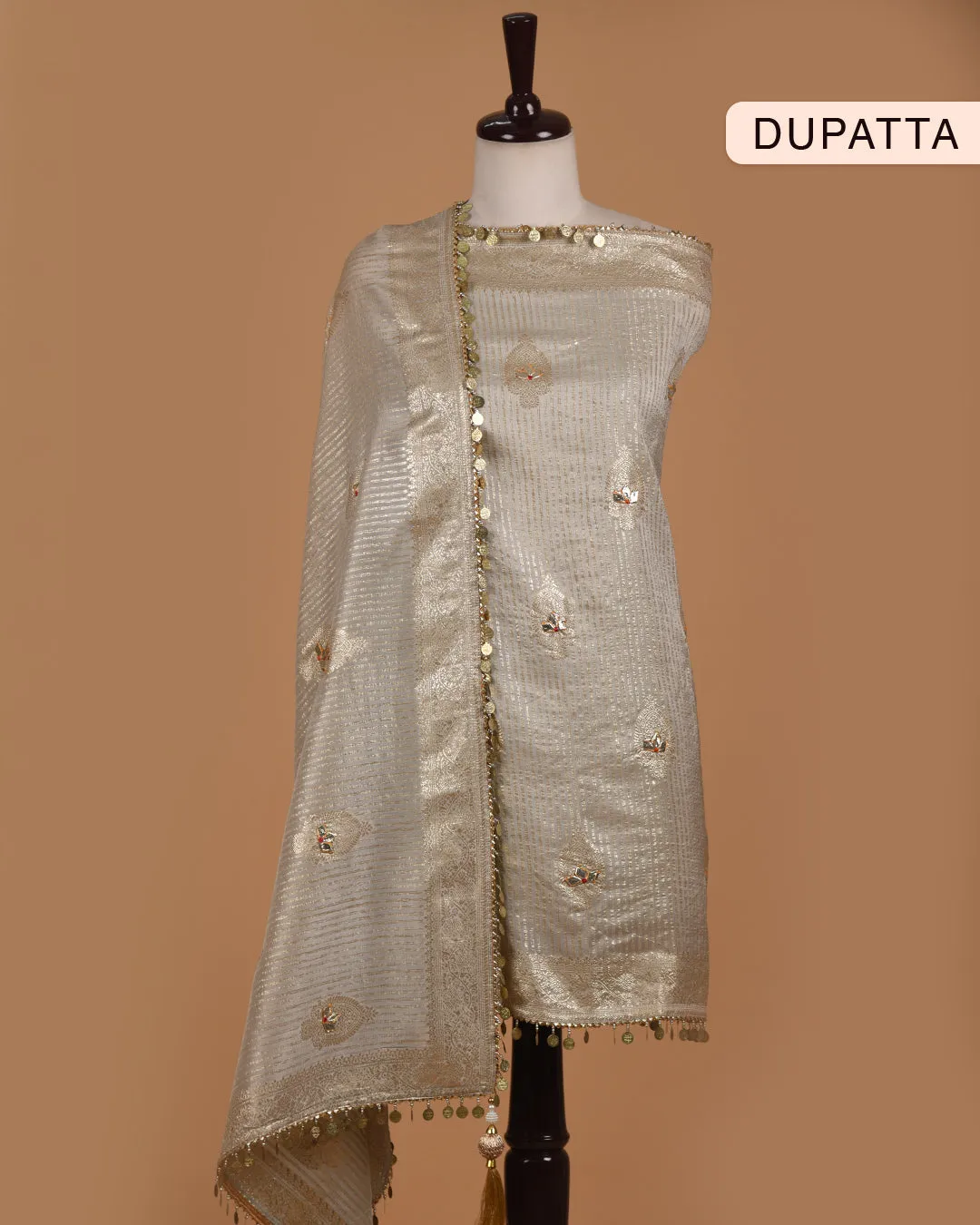 Gray Muslin Blend Printed With Embroidery Unstitched Suit Fabric Set With Silk Woven With Embroidery Dupatta