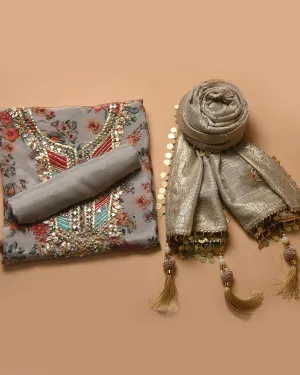 Gray Muslin Blend Printed With Embroidery Unstitched Suit Fabric Set With Silk Woven With Embroidery Dupatta