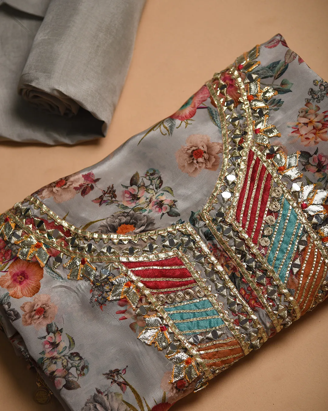 Gray Muslin Blend Printed With Embroidery Unstitched Suit Fabric Set With Silk Woven With Embroidery Dupatta