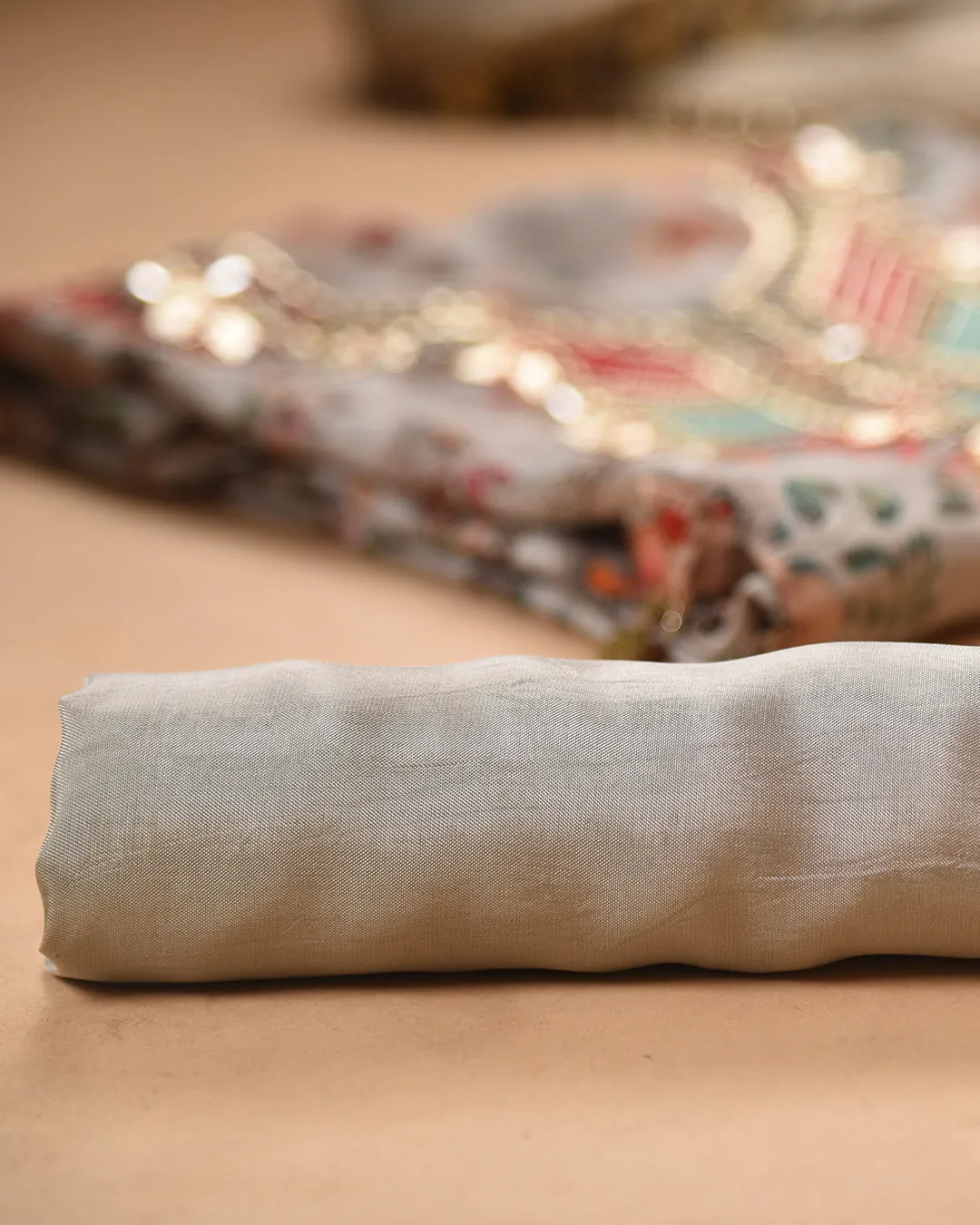 Gray Muslin Blend Printed With Embroidery Unstitched Suit Fabric Set With Silk Woven With Embroidery Dupatta