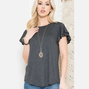 Gray Plus Solid Short Flutter Sleeve Top