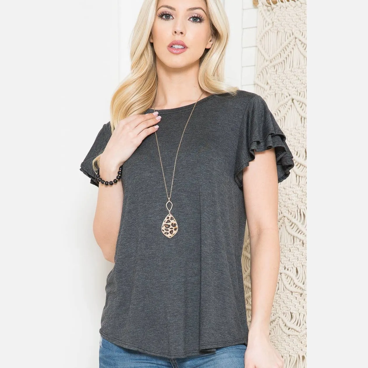 Gray Plus Solid Short Flutter Sleeve Top