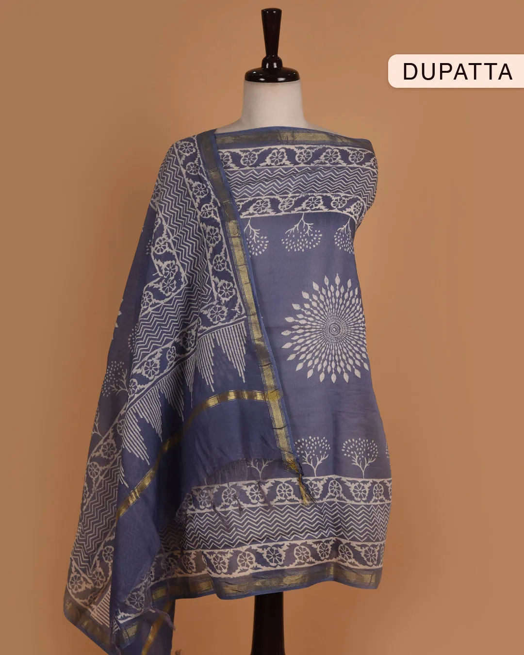 Grayish Blue Pure Cotton Ikat Unstitched Suit Fabric Set With Chanderi Printed Dupatta