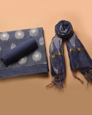 Grayish Blue Pure Cotton Ikat Unstitched Suit Fabric Set With Chanderi Printed Dupatta